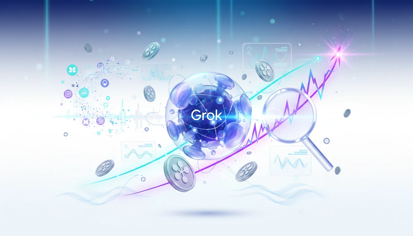 Grok AI sphere with XRP coins and financial charts, illustrating AI-driven market predictions and volatility.