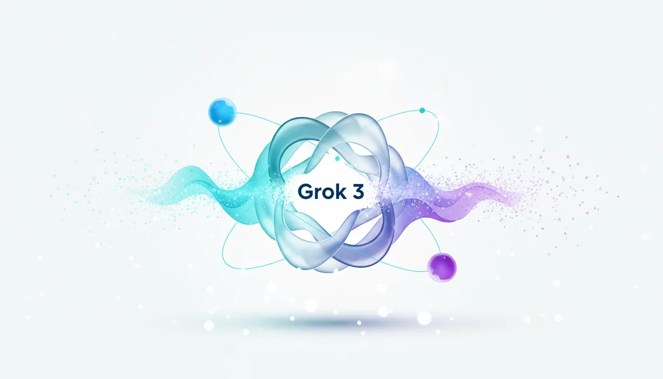 Abstract visualization of the Grok 3 AI model with swirling blue and purple waves and orbiting spheres.