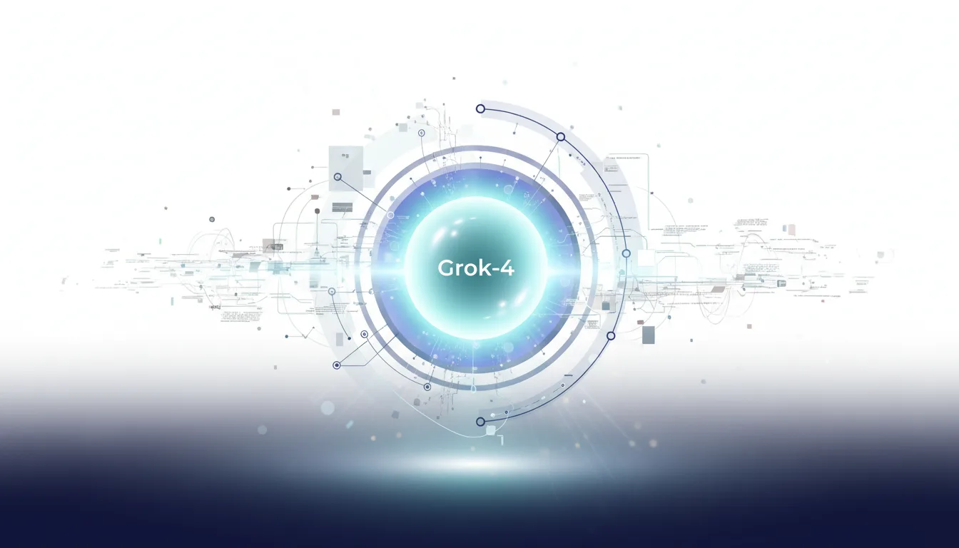 Grok-4 AI model represented by a glowing orb within a futuristic technological interface.