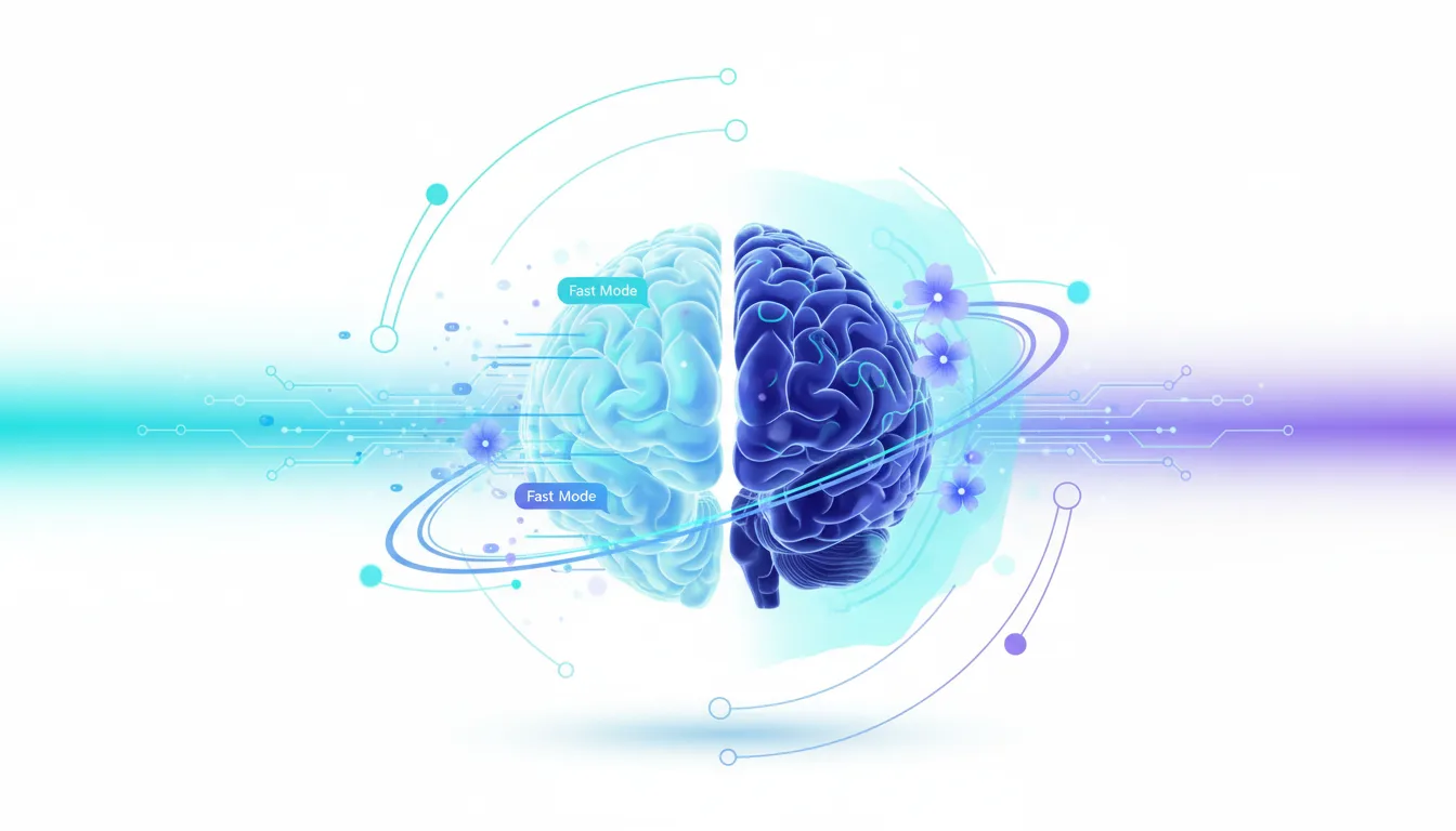 Split brain illustration with one half blue labeled Fast Mode and the other dark blue, symbolizing AI speed and intelligence.