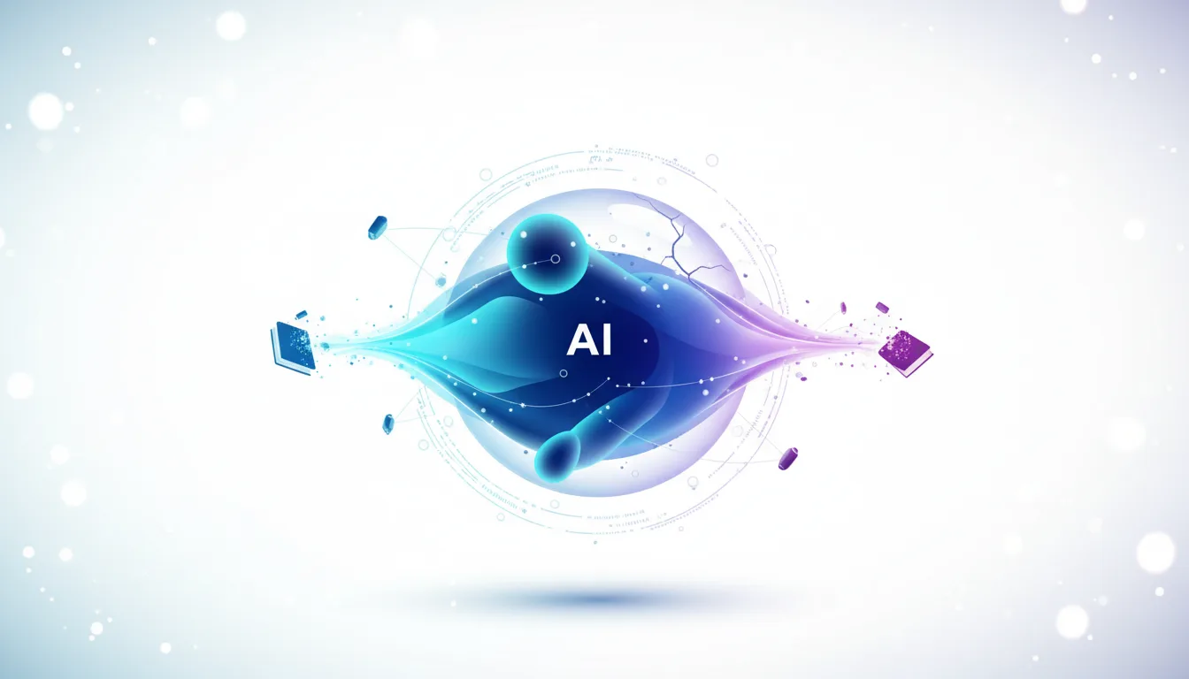 Abstract visualization of AI processing information, with the word AI at its center, flowing between digital books.