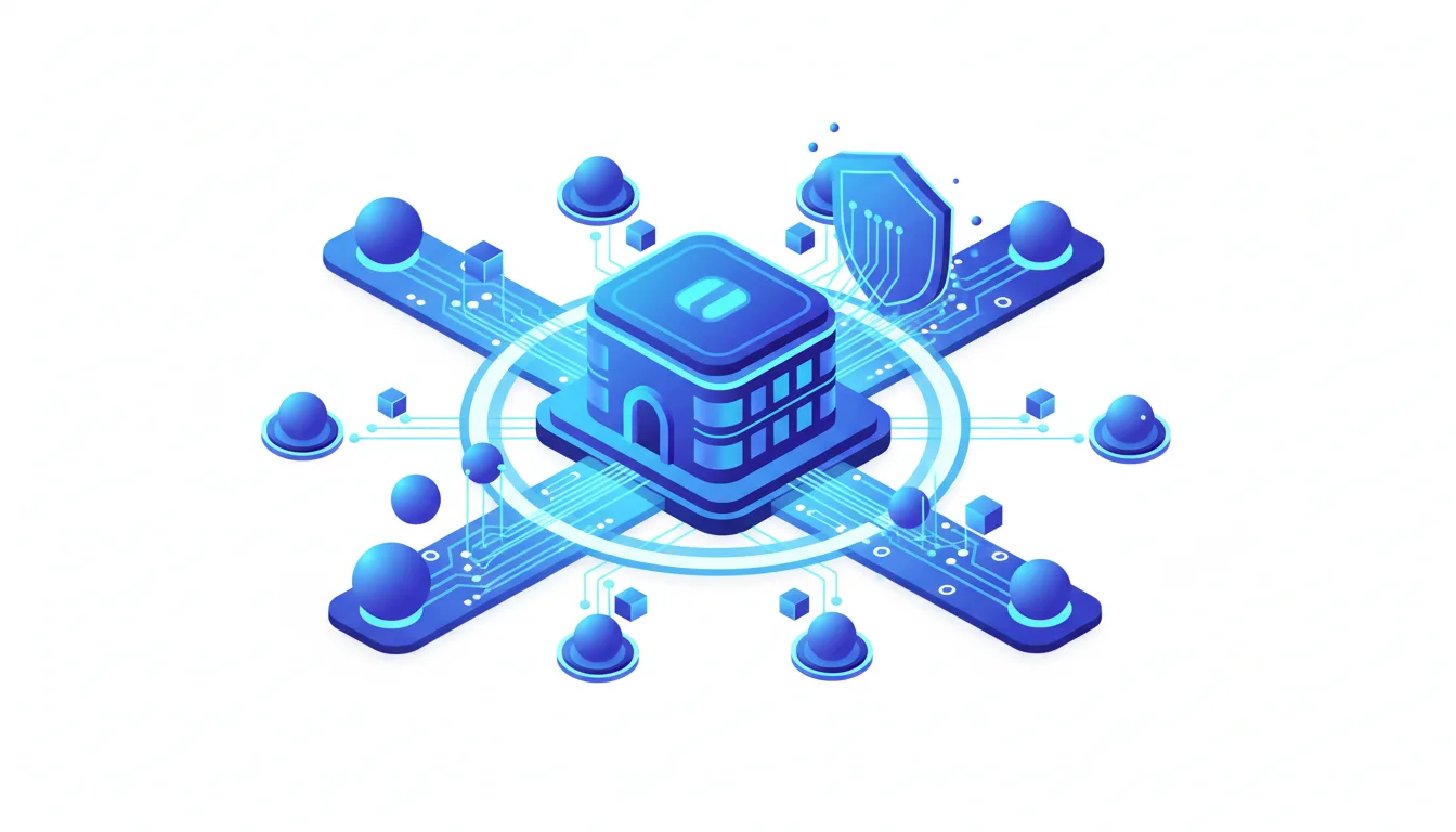 Abstract illustration of a central AI processing unit connected to nodes, representing secure data flow and network integration.
