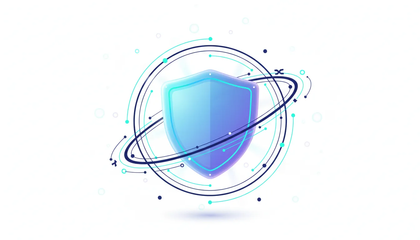 Abstract digital shield with orbiting rings and nodes representing AI-powered cybersecurity and data protection.
