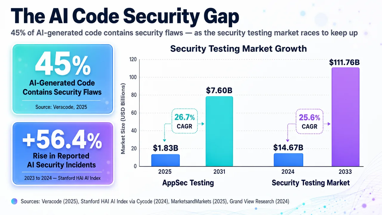 Infographic showing AI code security gap statistics and projected growth in AppSec and security testing markets.