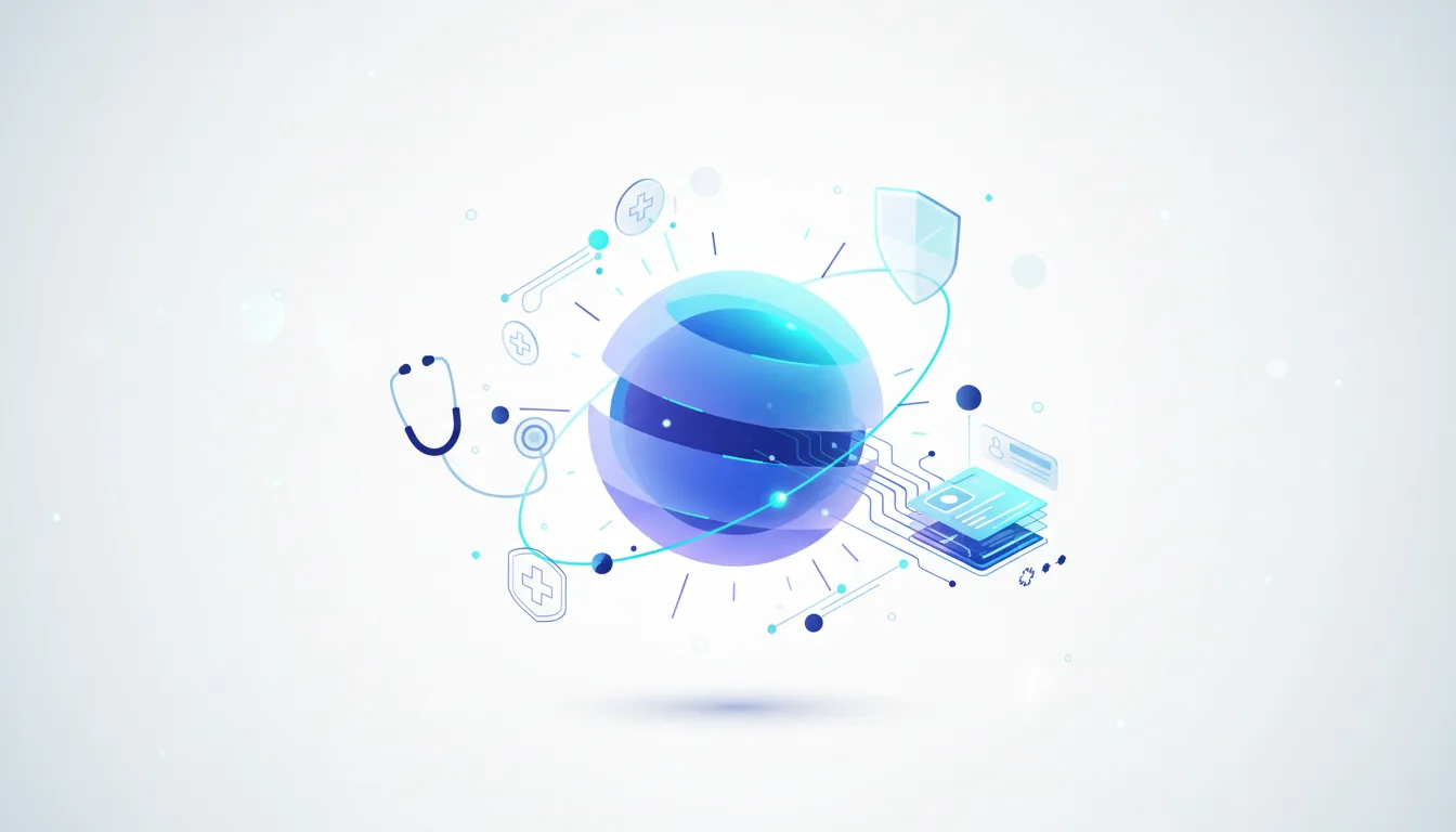 Abstract visualization of healthcare AI governance with a central sphere, stethoscope, medical icons, data stacks, and a shield representing security.