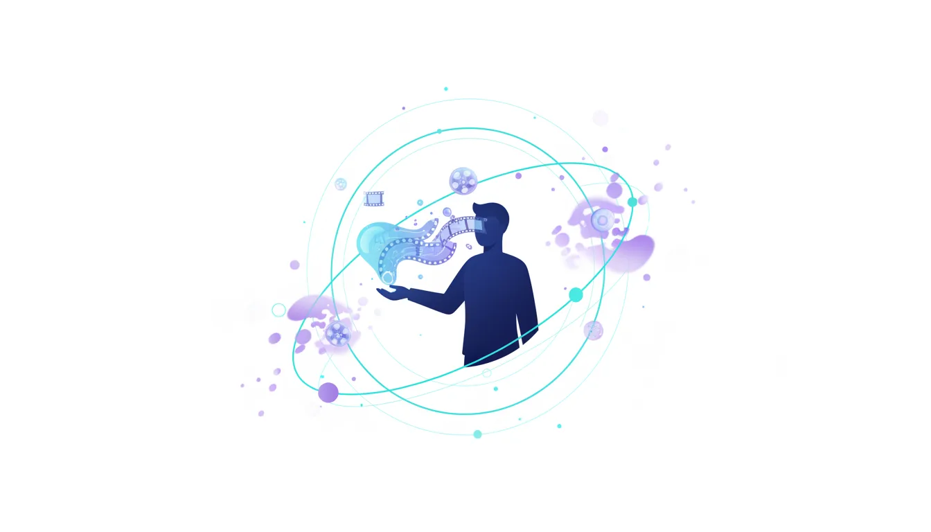Silhouette of a person wearing VR goggles, holding a film reel with AI elements, symbolizing hybrid intelligence in Hollywood's future.