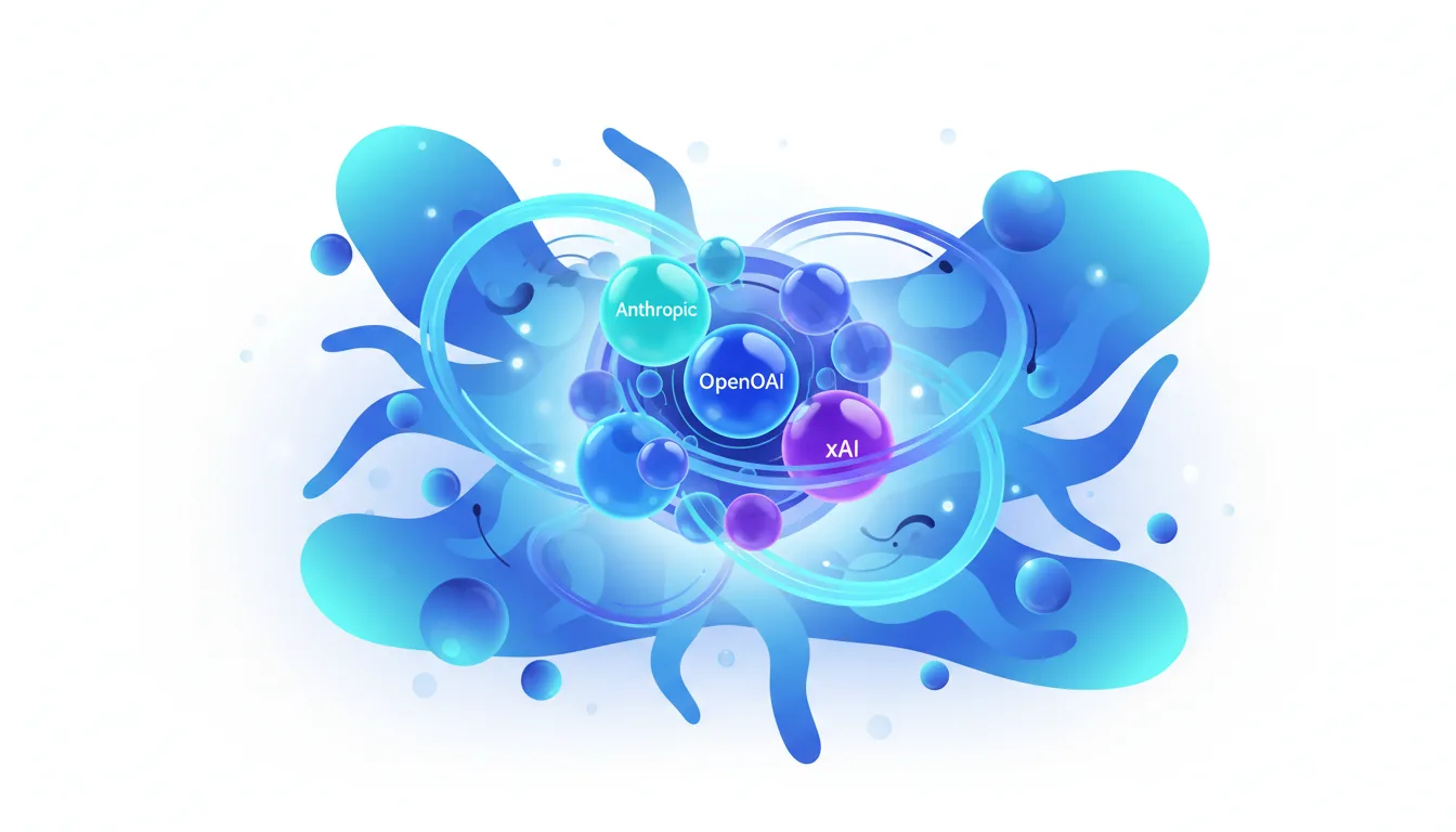 Abstract blue fluid shapes with spheres labeled Anthropic, OpenAI, and xAI at the center, representing AI investment diversification.