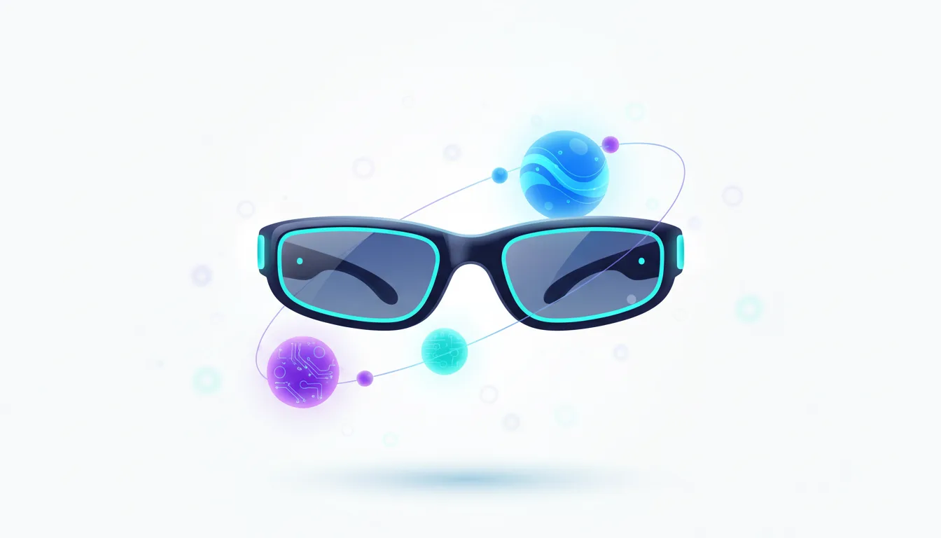 HTC Vive Eagle smartglasses depicted with glowing blue accents and orbiting abstract spheres representing AI models and data.