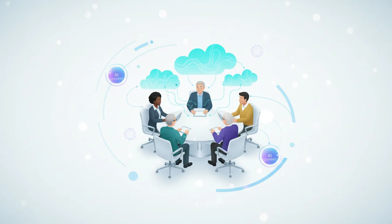 Diverse group of people in a meeting around a table, with AI elements and cloud graphics symbolizing human-AI collaboration.