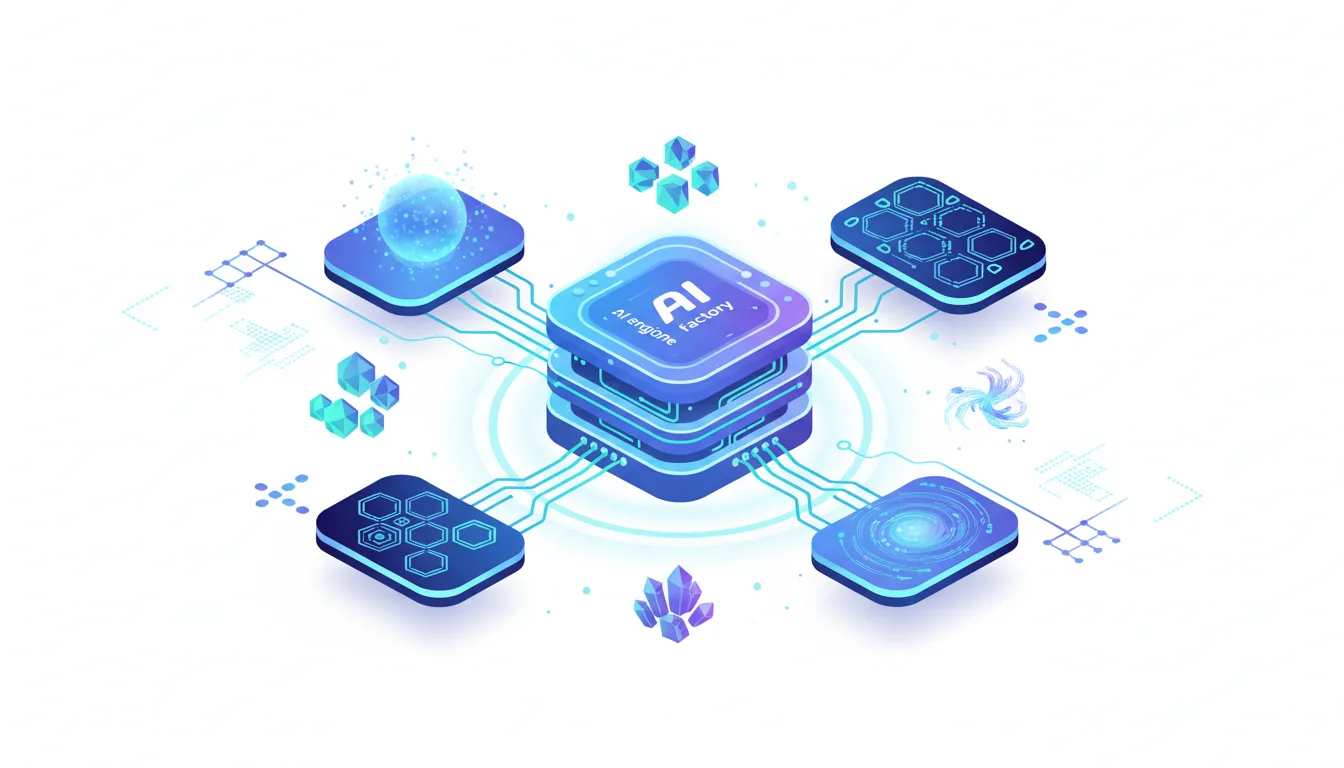 Central AI factory server stack connected to various modules representing custom chips and AI components, illustrating the shift to AI infrastructure.