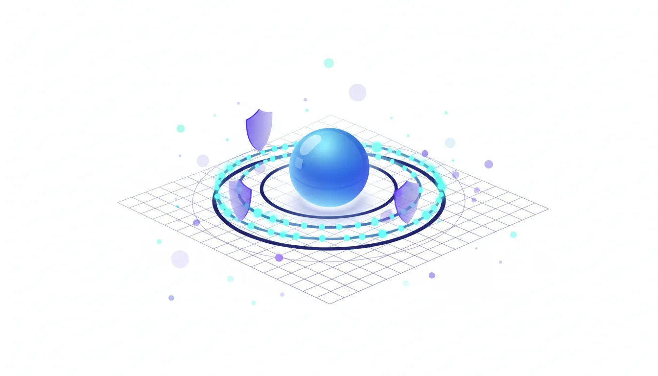 Abstract representation of IBM Sovereign Core with a central blue sphere, protective shields, and concentric rings on a grid.