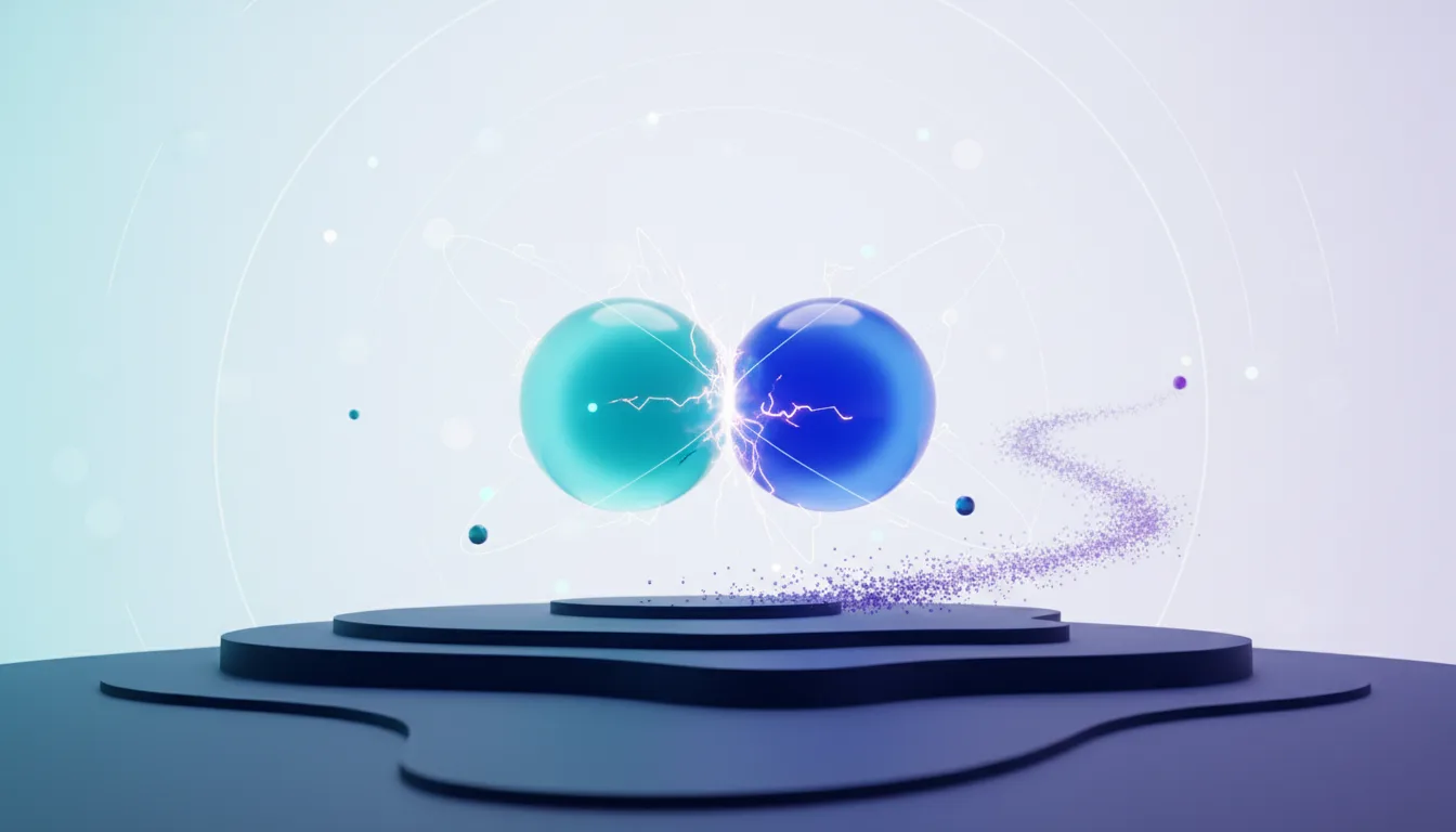Two spheres, one teal and one blue, collide with electrical sparks on a dark platform, symbolizing AI conflict and innovation.