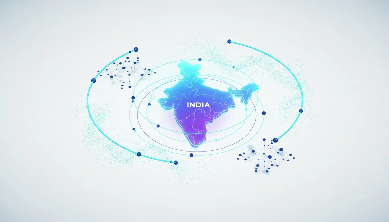 Abstract visualization of India's map with glowing borders, surrounded by interconnected nodes and orbital lines, symbolizing AI network and global reach.