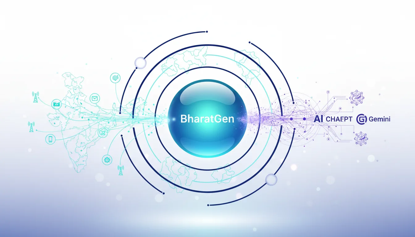 BharatGen AI logo at the center of concentric circles connecting India's map to AI and ChatGPT symbols, representing global and sovereign AI integration.