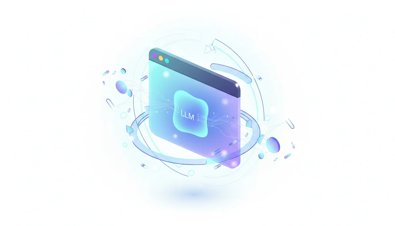 Abstract illustration of a browser window with 'LLM' inside, surrounded by futuristic glowing elements, representing AI integration.