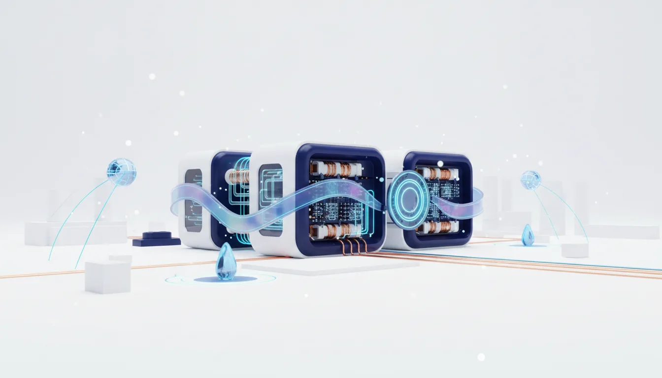 Abstract representation of AI data center modules with liquid cooling elements and glowing circuits, symbolizing intelligence factories.