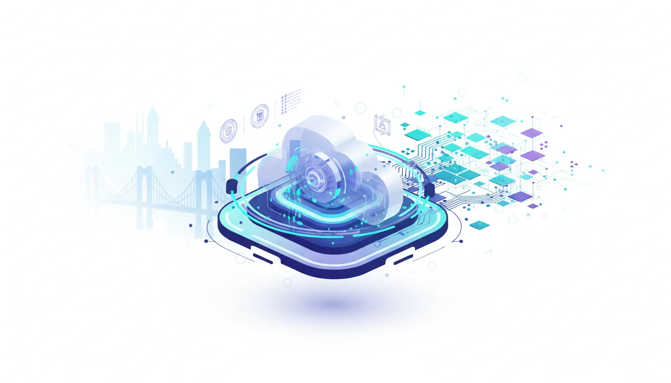 Abstract illustration of a cloud computing interface with digital circuits and a city skyline, symbolizing AI infrastructure and public-private partnerships.