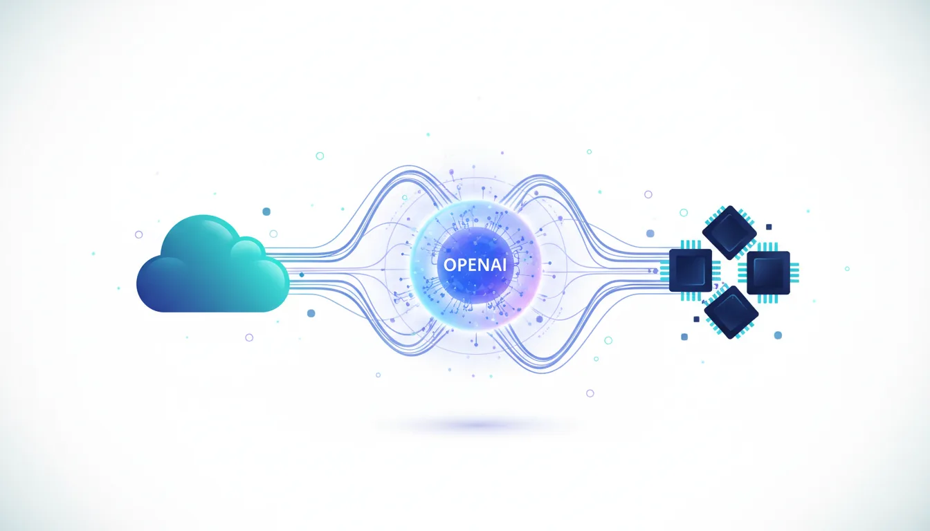 Abstract visualization of cloud computing data flowing to OpenAI's central processing unit and then to multiple computer chips.