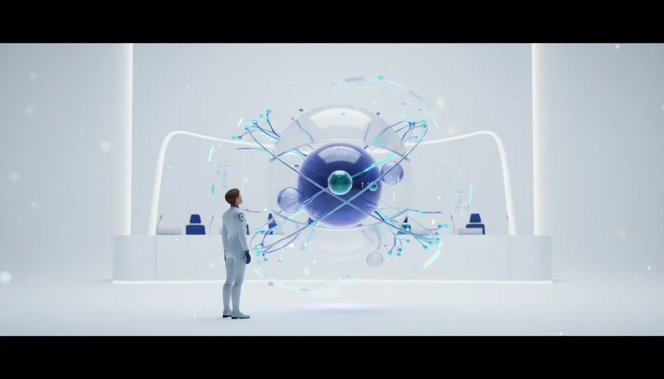 Researcher in white suit observes a complex, glowing atomic structure representing advanced AI development.