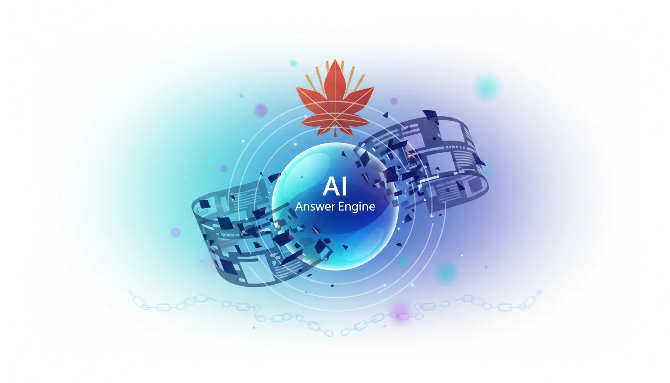 AI Answer Engine at center of a digital storm with a Japanese maple leaf symbol above, representing copyright scrutiny.