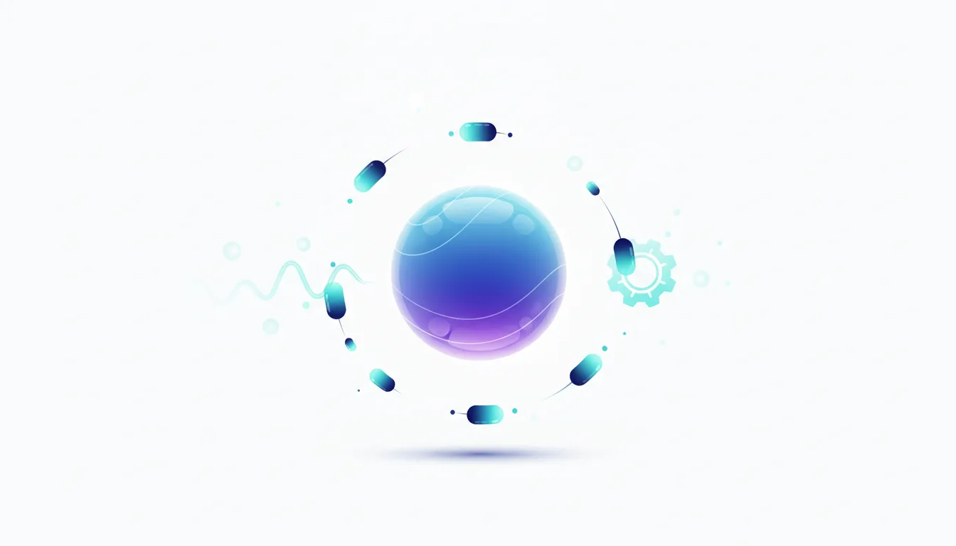 Abstract representation of a central glowing sphere surrounded by orbiting capsule-like shapes and a gear icon, symbolizing AI innovation and governance.