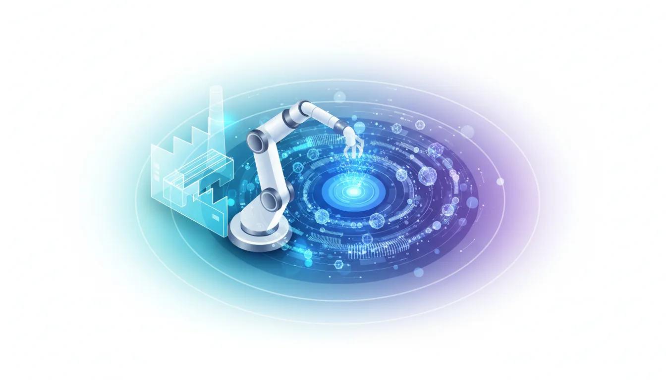 Robotic arm and factory icon interacting with a glowing digital vortex, representing Physical AI and industrial automation.