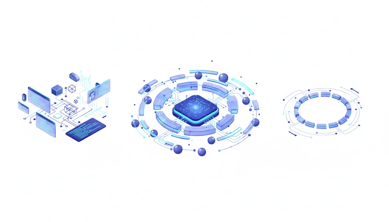 Abstract futuristic AI interface with a central glowing processor, surrounded by digital circuits and nodes, representing advanced technology and data flow.