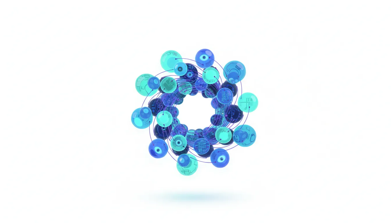Abstract circular structure of interconnected blue and teal spheres with internal circuitry patterns, representing AI intelligence.