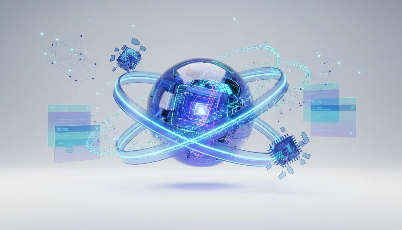 Abstract representation of AI technology with a glowing sphere, orbiting chips, and data streams, symbolizing advanced AI development.