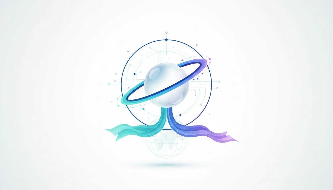 Abstract graphic symbolizing AI innovation with a globe, a ringed sphere, and flowing ribbons representing data streams.