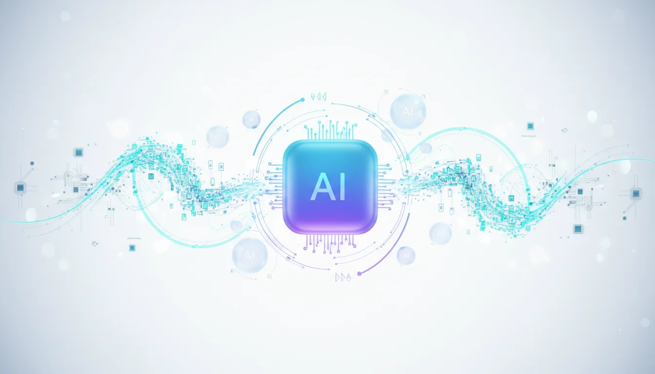 Abstract AI chip with the letters AI at its center, surrounded by digital waves and circuitry, symbolizing artificial intelligence and its technological advancements.