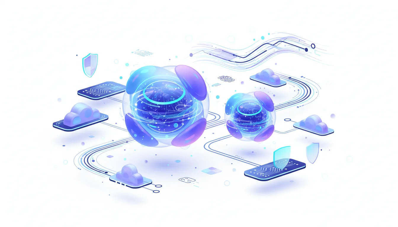 Abstract visualization of interconnected AI models and cloud infrastructure with glowing spheres and data streams.