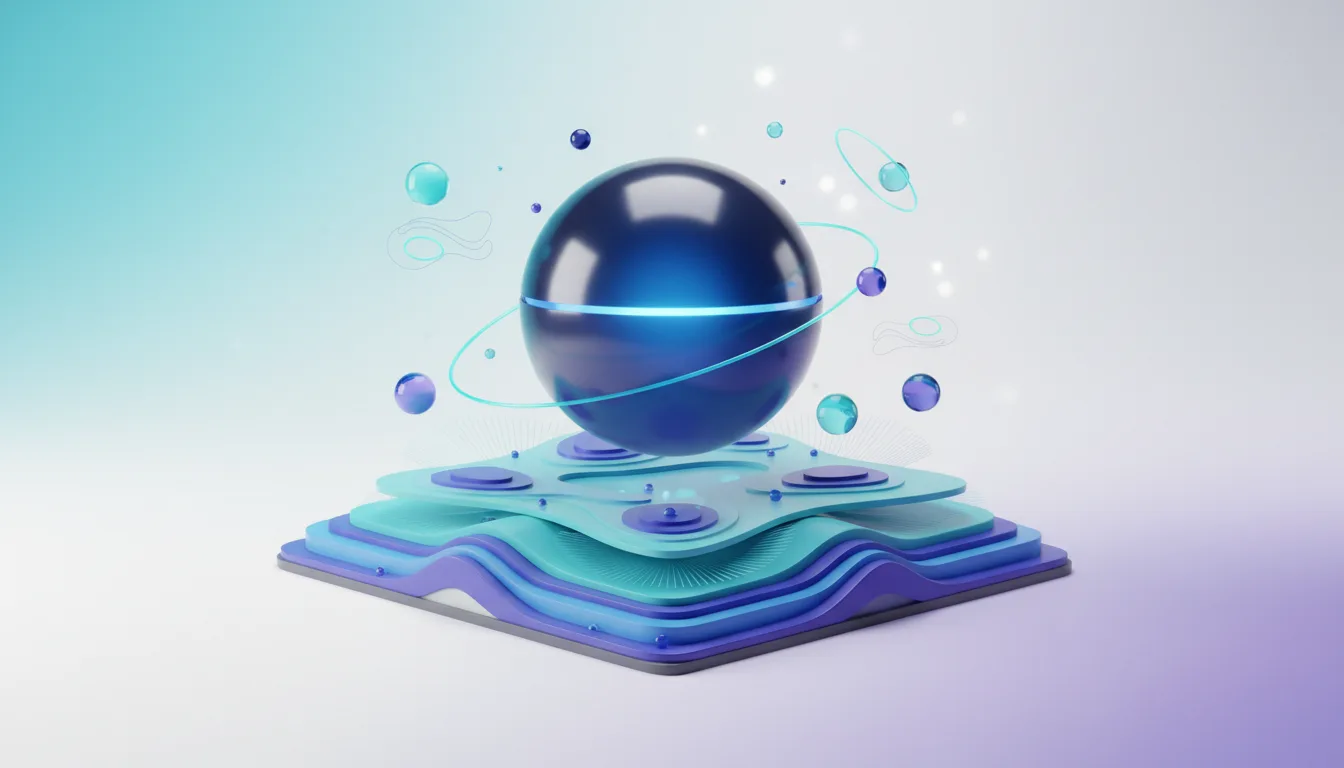 Abstract 3D rendering of a dark blue sphere with a glowing blue ring orbiting it, representing AI intelligence in geoscience.