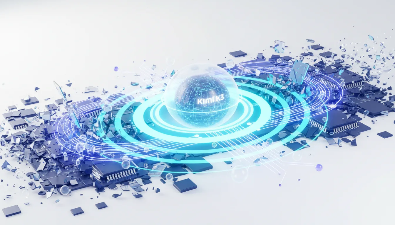 Kimi K3 AI model represented by a glowing sphere surrounded by shattered circuit boards and digital energy rings.