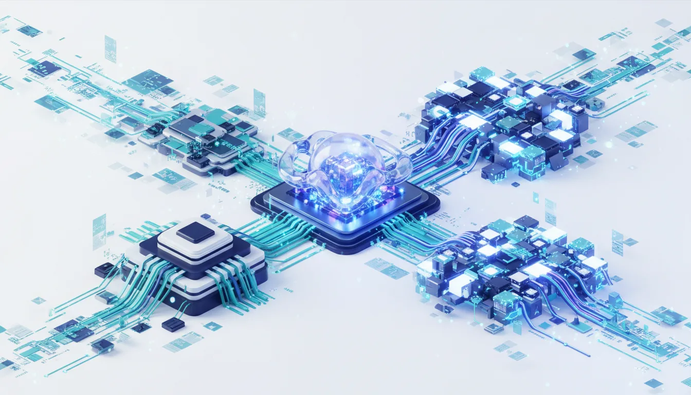 Abstract representation of interconnected AI processors and data cubes, symbolizing advanced computing and LLM architecture.