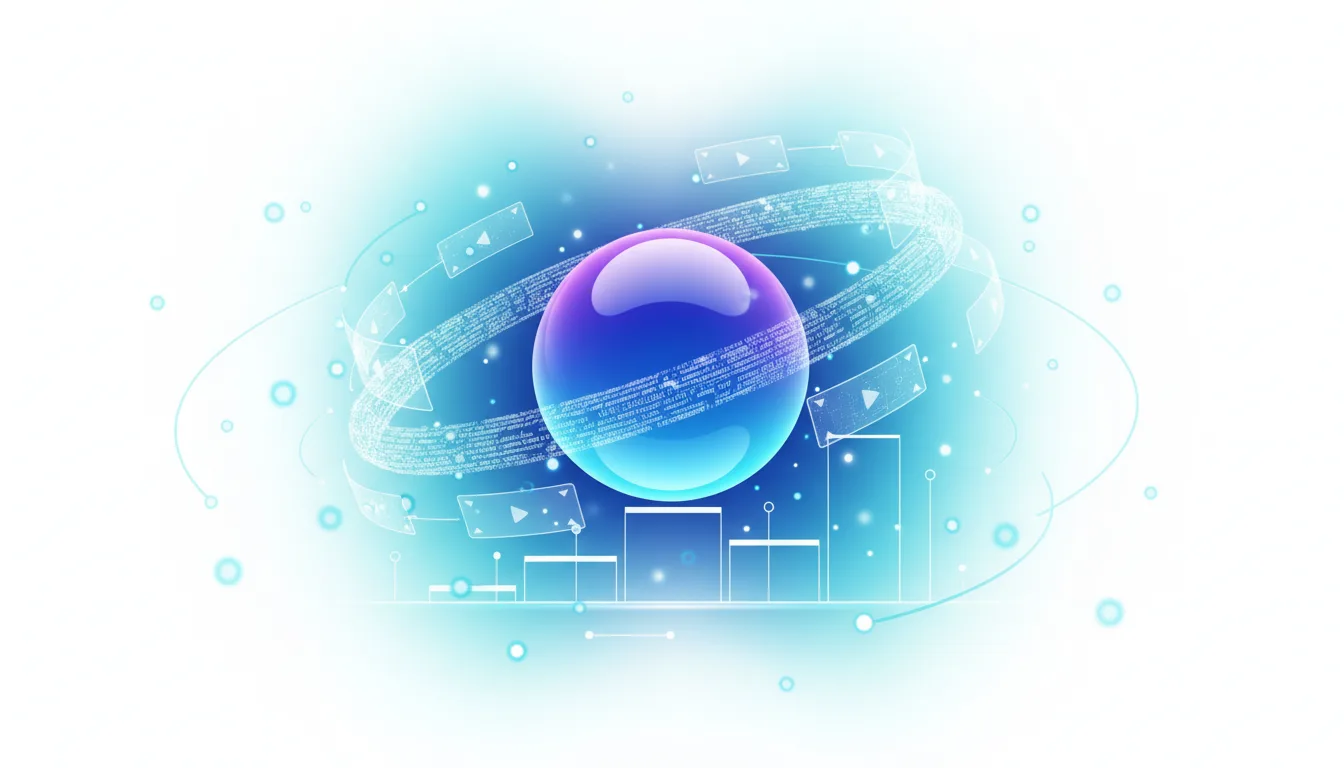 Abstract visualization of AI technology with a glowing sphere, data streams, and bar charts representing performance metrics.