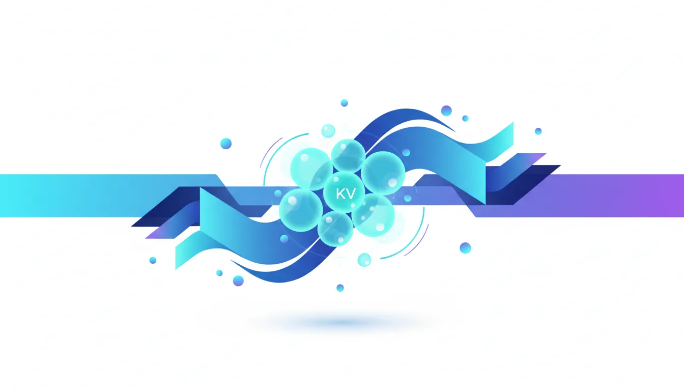 Abstract visualization of interconnected blue spheres with 'KV' in the center, surrounded by flowing ribbons and small circles, representing AI data processing.