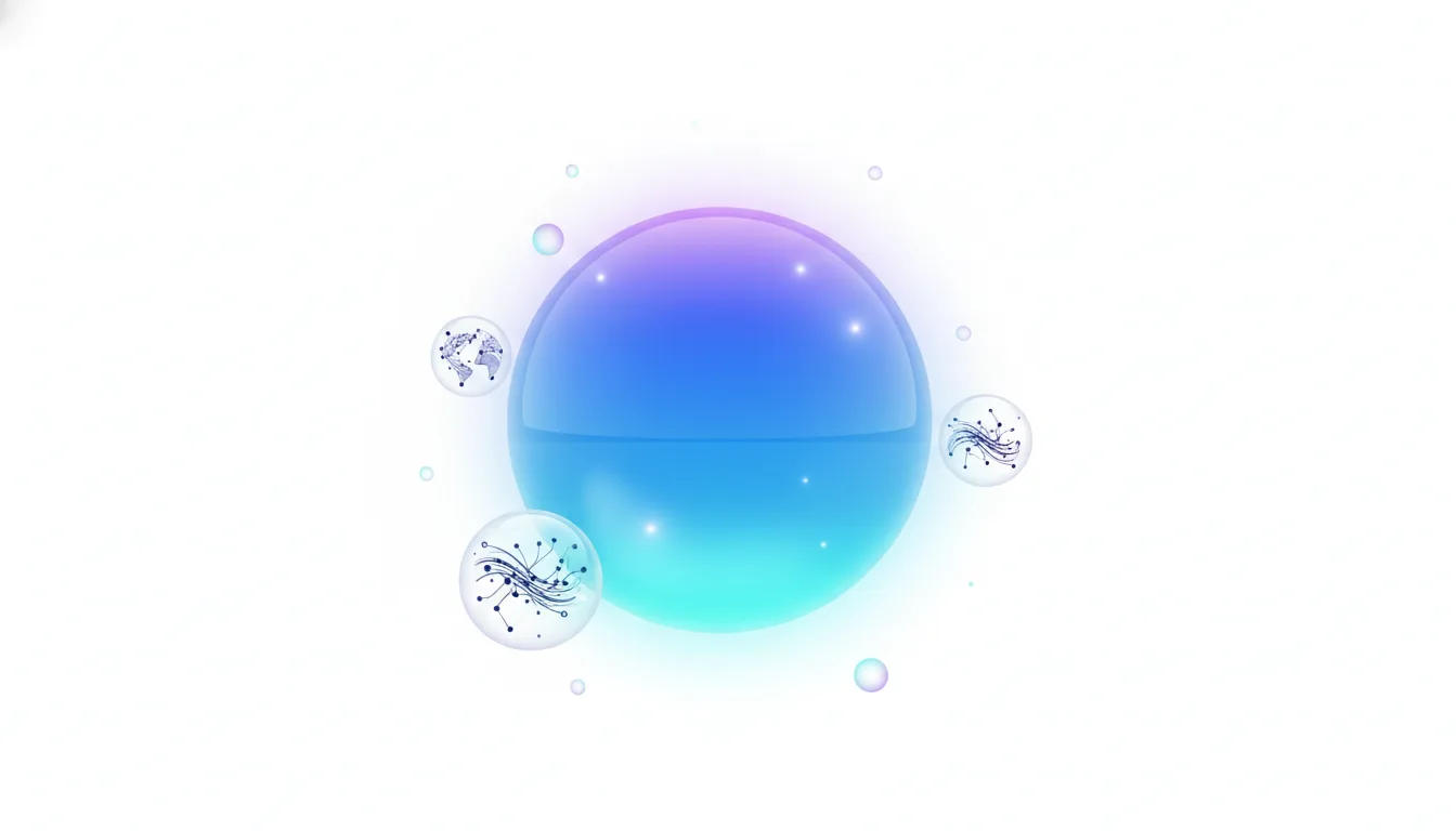 Abstract visualization of a large blue sphere with smaller spheres containing circuit board patterns and a world map, representing AI and global connectivity.