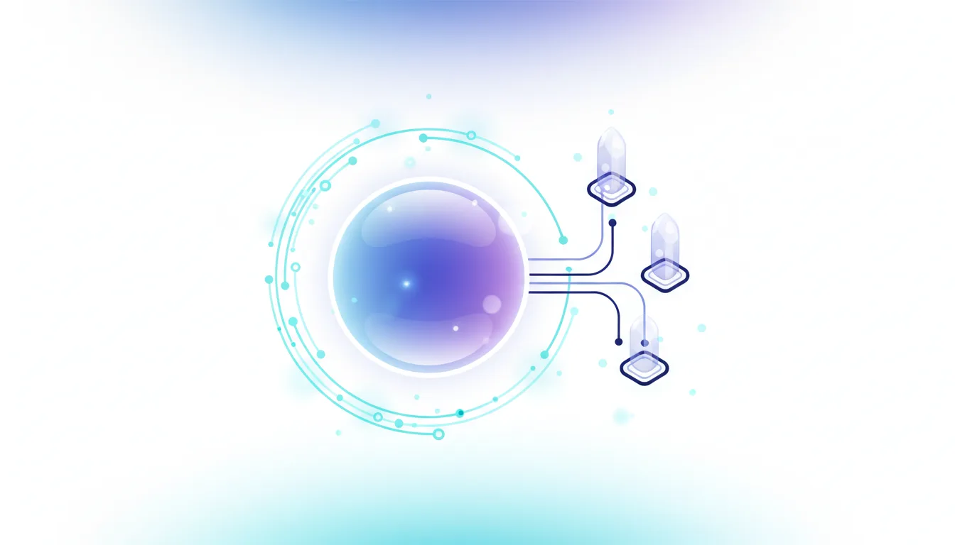 Abstract visualization of a central glowing sphere connected to three server-like icons, representing AI data integration.