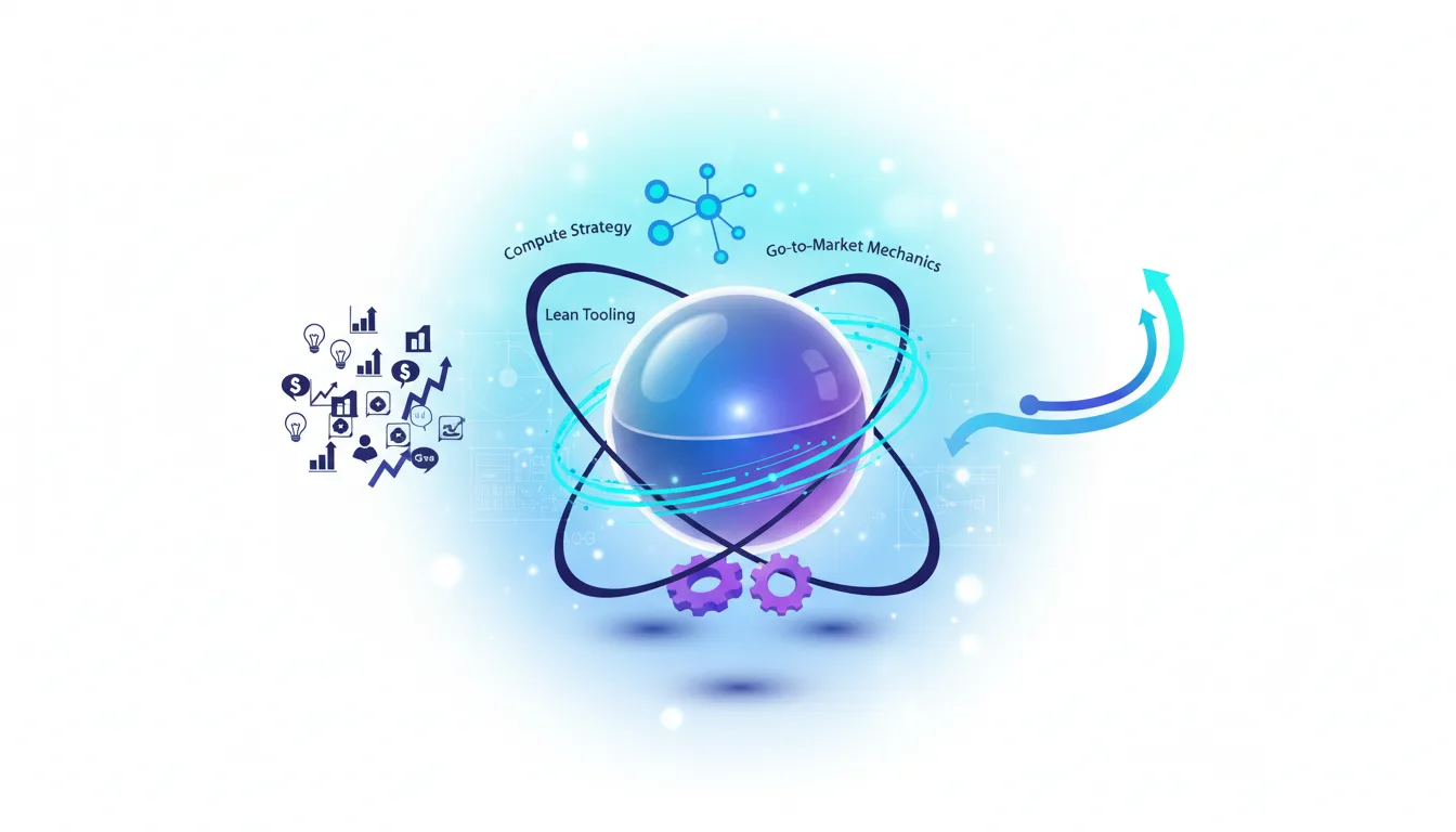 Abstract illustration of a central sphere with orbiting rings labeled Compute Strategy, Lean Tooling, and Go-to-Market Mechanics, symbolizing AI startup operations.