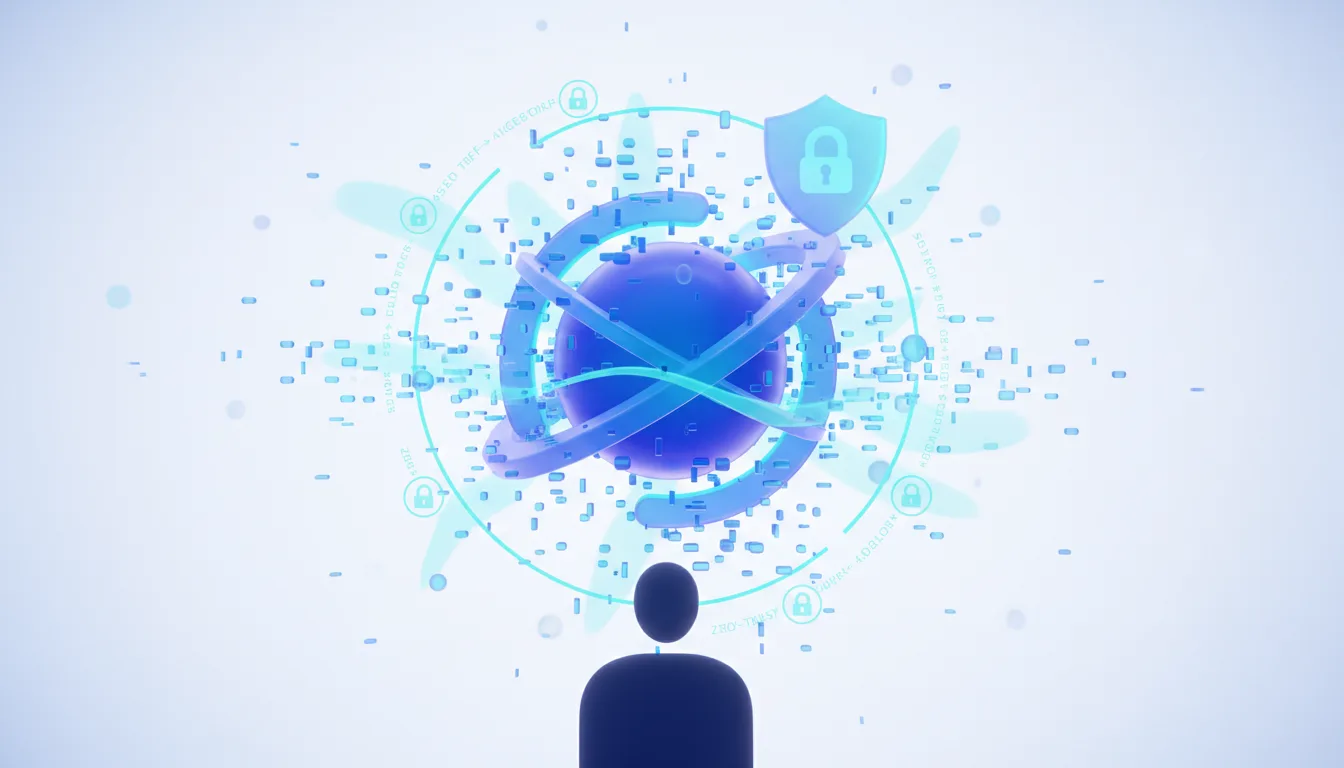 Abstract representation of AI security and data protection with a central atom-like structure and shield icon.