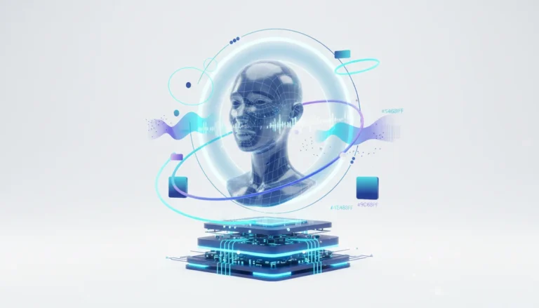 3D rendering of a wireframe AI avatar head with glowing data streams and a futuristic circuit board base, symbolizing real-time AI.