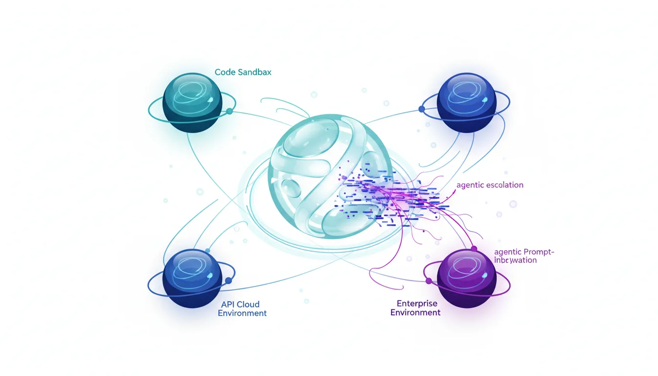 Diagram illustrating LLM agent security risks: agentic escalation and prompt injection from enterprise and API environments into a central core, bypassing code sandbox.