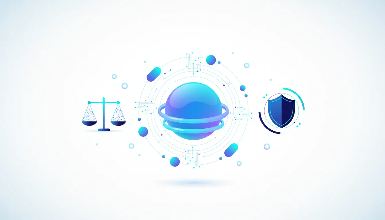 Abstract illustration showing scales of justice, a central globe with rings, and a shield, representing LLM bias mitigation and AI compliance.