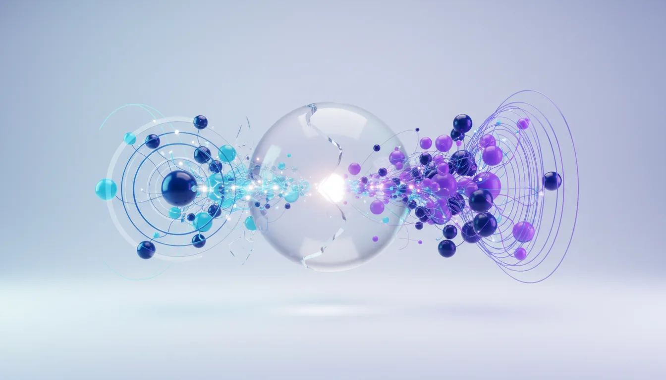 Abstract visualization of interconnected spheres and lines representing data flow and complex AI systems.