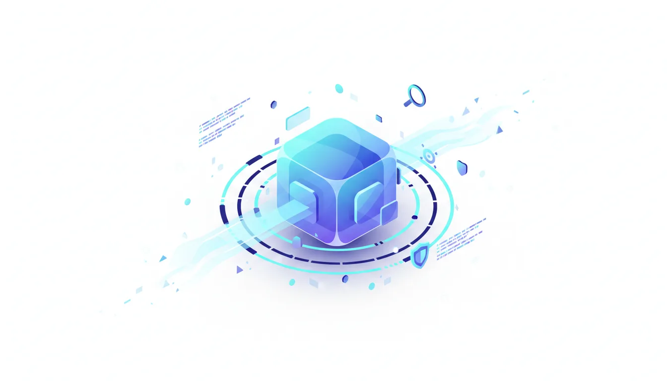 Abstract 3D cube with glowing blue and purple hues, surrounded by digital elements like data streams, shields, and a magnifying glass, representing AI coding assistance.