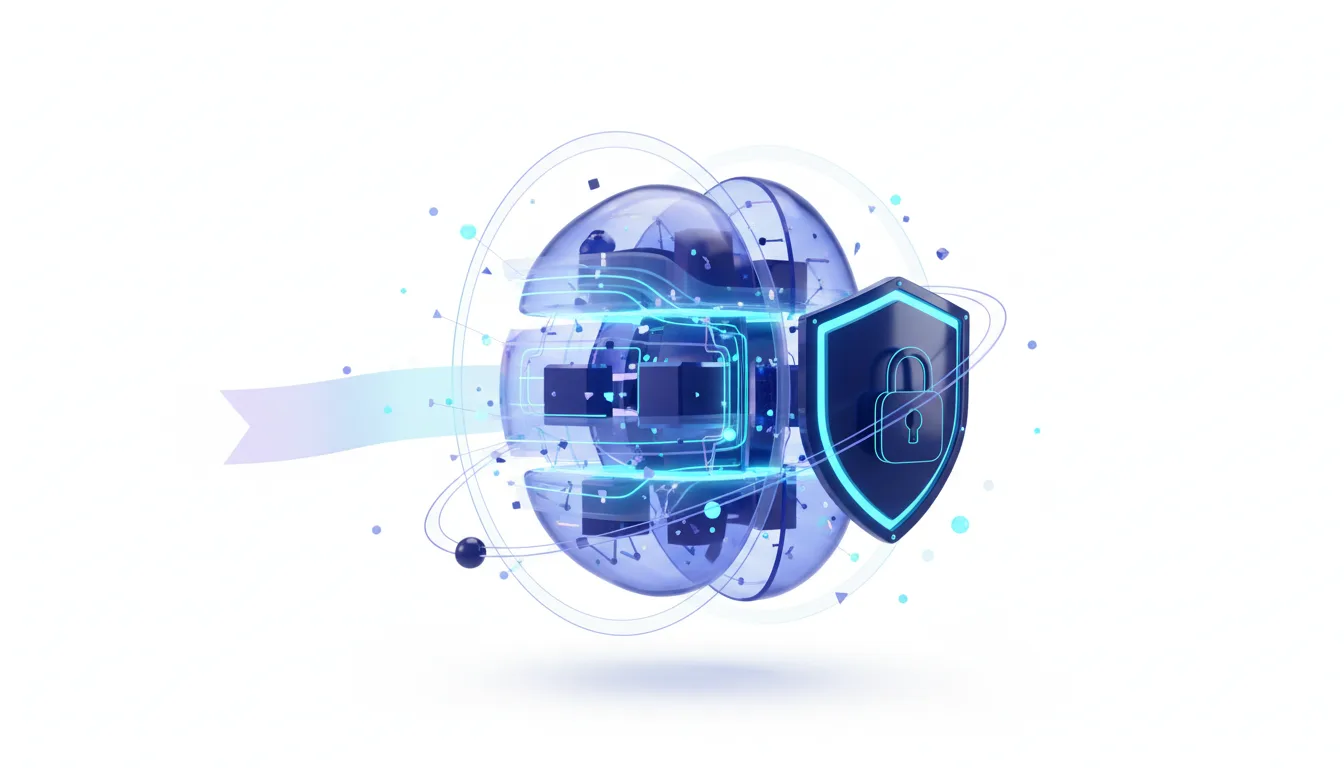 Abstract representation of AI internal scratchpad with a glowing shield and complex circuitry, symbolizing latent reasoning and data security.