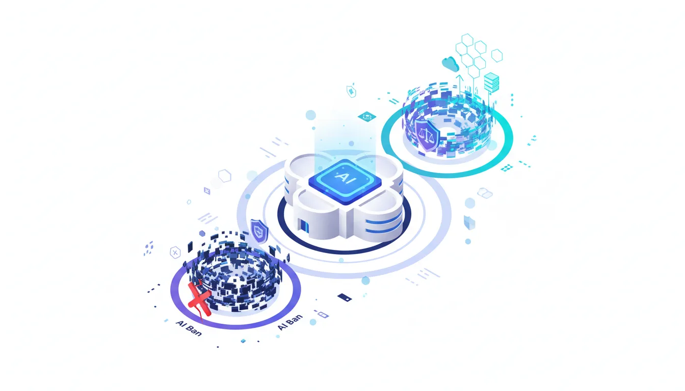 Abstract illustration showing AI integration from AI ban to compliance and governance, with a central AI core.