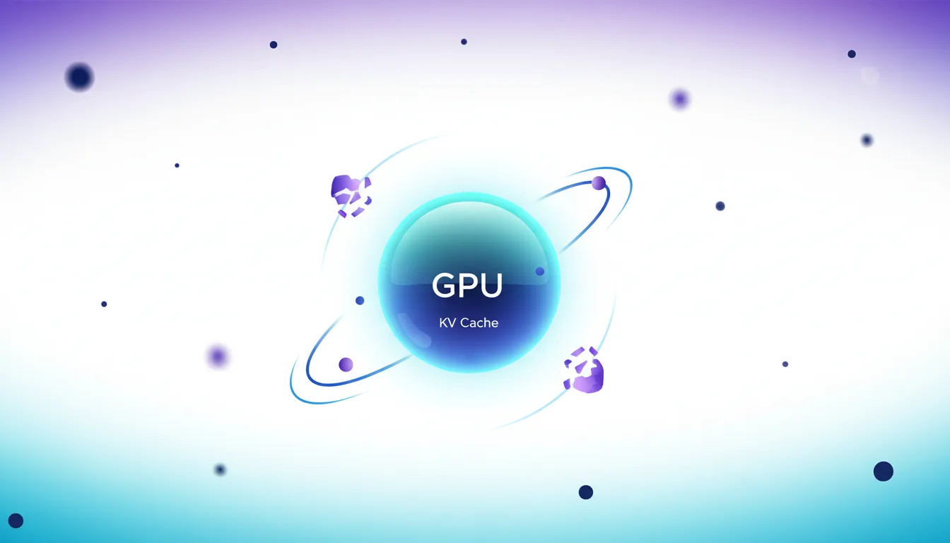 Abstract visualization of a GPU with KV Cache at its core, surrounded by orbiting elements, representing AI memory optimization.