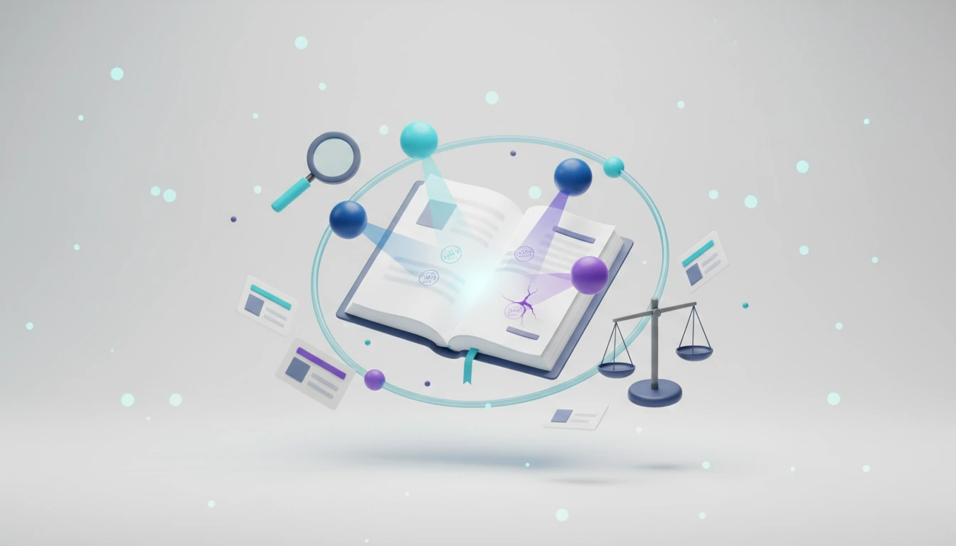 3D illustration of a stack of journal papers under a magnifying glass, surrounded by four AI reviewer orbs holding red and green verdict stamps.